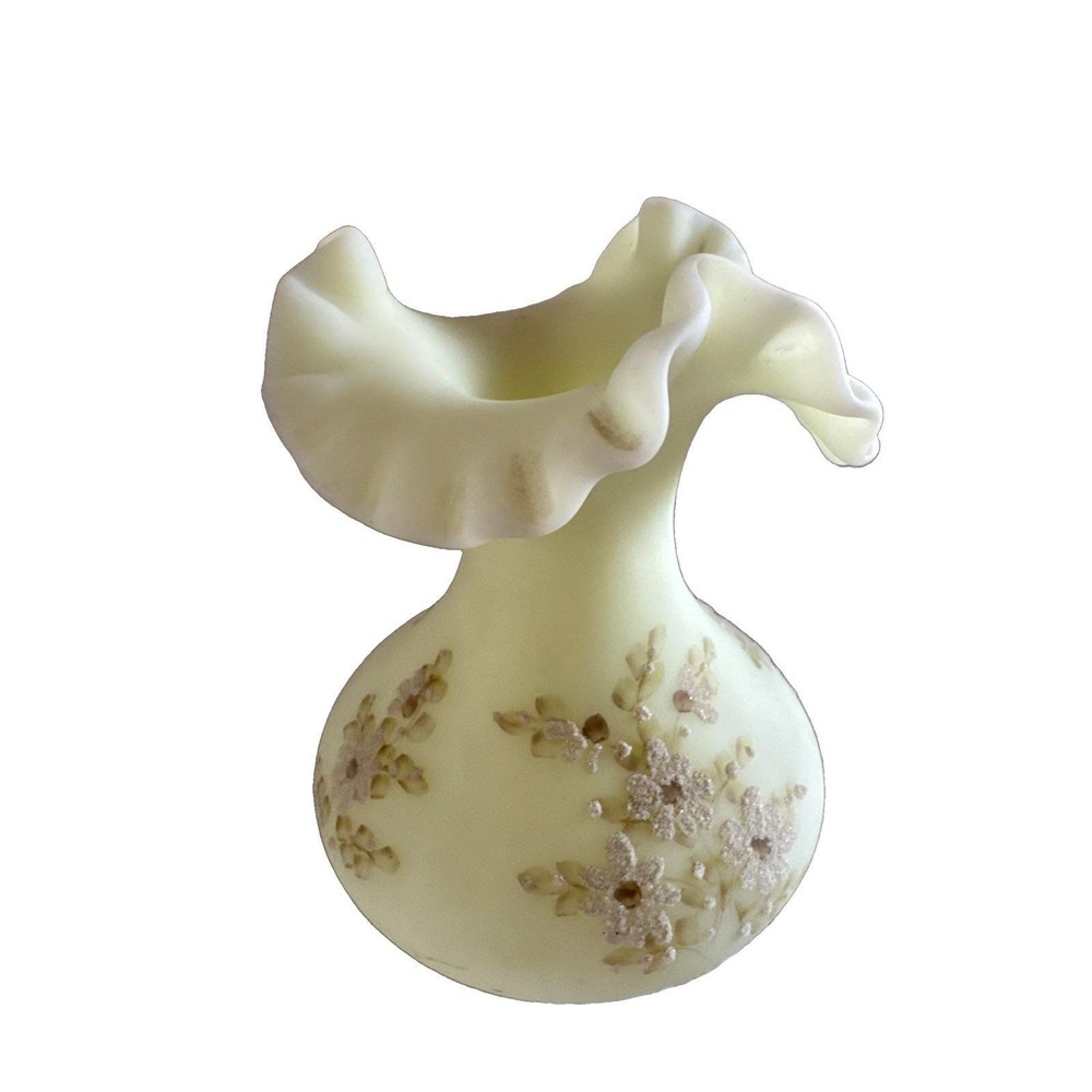 Vintage Fenton Satin Custard Glass Vase Crimped Rim Hand Painted Signed Glows 7"